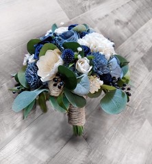 Navy Dusty Blue Bridal Bouquet Thistle Sola Wood Wedding BOHO Bridesmaid Flowers