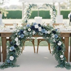 1Pc 6FT Artificial Eucalyptus Garland Blue Rose Flower Wedding Table Runner
