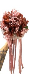VTG Silk Flower & Lace Streamers Wedding Bridal Bouquet Red Rose & Pink Ribbons
