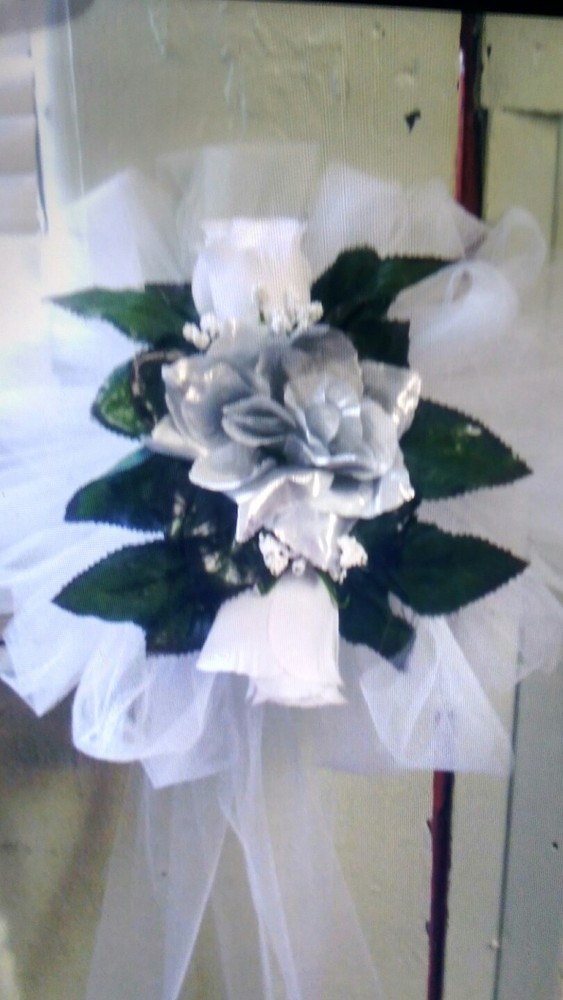 6pc wedding pew bows white and silver rose silk flowers Rush orders Available
