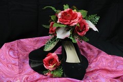 Hot pink roses w/ pink calla lily floral bouquet w/ matching boutonniere