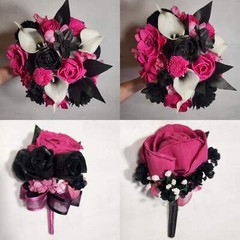Fuchsia Pink Black Rose Calla Lily Bridal Wedding Bouquet Accessories