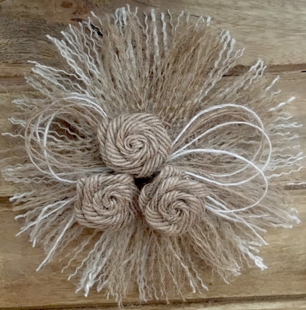 Primitive Burlap Fringe Rose Flower Barn Wedding Bridal Shabby Chic S/2 5″ N/W