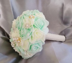 Bride Brooch Bouquet and Groom Boutonnière (Mint Green and off White