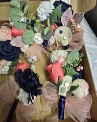 12 PC Blue,Coral,Ivory, Light Rose Wedding Bouquet Set Lace And Bling