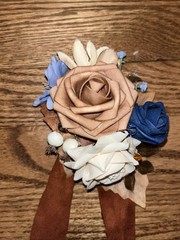 Ling’s Moment Denim And Terracotta Wrist Corsage
