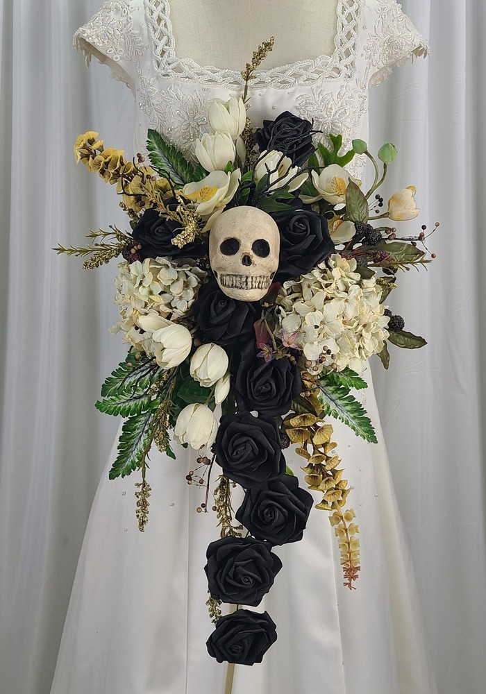 Black Skull Cascade Faux Silk Wedding Bouquet