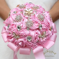 6.3″ Pink Bling Brooch Bouquet – Artificial Rose Flower for Bridal, Bridesmaid,