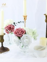 Artificial Flower 50pcs Real Looking Rose Fake Foam Roses with 50Pcs White