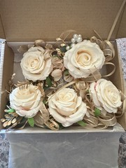 Meldel 5-pc Wedding Rose 3-boutonnière 2-corsage Set Cream/gold Flowers NEW