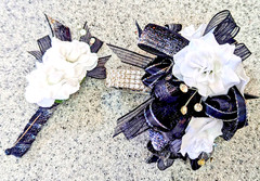 Black, Silver & White SILK Flower Wrist Corsage & Boutonniere Set, Prom, wedding