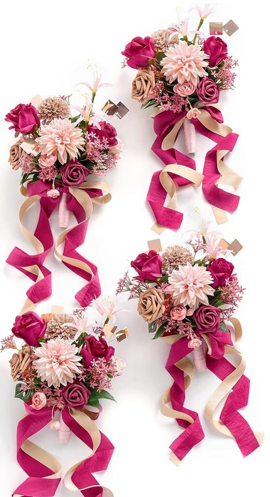 Ling’s Moment Artificial Flowers Hot Pink Bridesmaid Bouquet – Set of 4