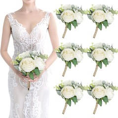 Bridesmaid Bouquets Set of 6 – Ivory White Artificial Flowers Bouquet for Brides