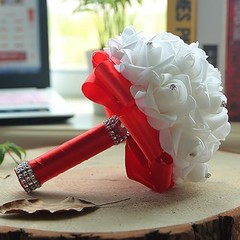 Wedding Bouquet, Crystal Diamond Silk Roses, Bride Bridal Hand Roses, 7″ x Red