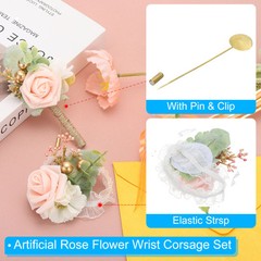 Artificial Rose Flower Wrist Corsage Boutonnieres with Pin Set Light Pink