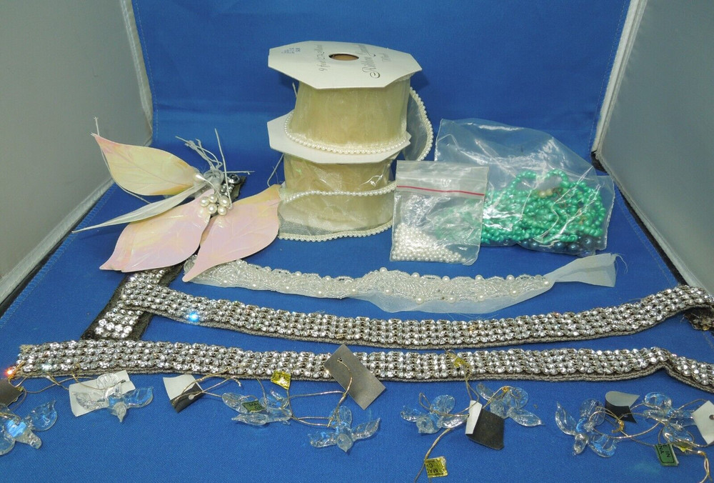 Wedding craft supplies – beads, wired ribbon with beads, leaves, clear doves