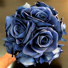 Royal Blue Faux Flower Roses Bridal Wedding Bouquet Vintage Rhinestone & Pearl 