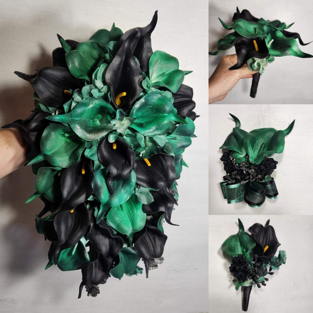 Hunter Green Black Calla Lily Bridal Wedding Bouquet Accessories