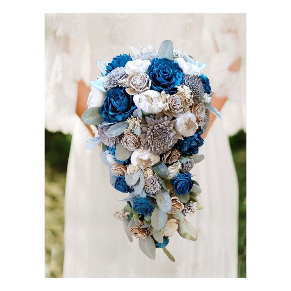 Dark Teal Bridal Bouquet Emerald Blue Grey Sola Wood Cascade Wedding Flowers