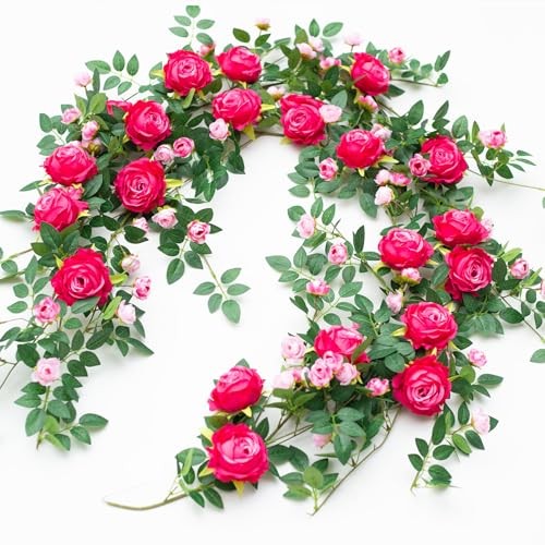 2 PCS 12FT Bendable Flower Garland, Artificial Rose Vine Hanging 2pcs Fushia