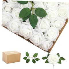 Artificial Flowers RosesPCS Real Looking Foam Fake Roses with Leaves 100 White