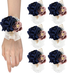6 Pcs Blue Rose Corsage Set Bridal Corsage Wrist Band Bracelet Hand Flower Weddi