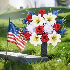 MARTINE MALL 2 Sets Artificial Cemetery Flowers 2 Sets, Red & White & Blue