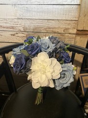Dusty Blue, Navy and White Bridal Bouquet With Matching Boutonnière