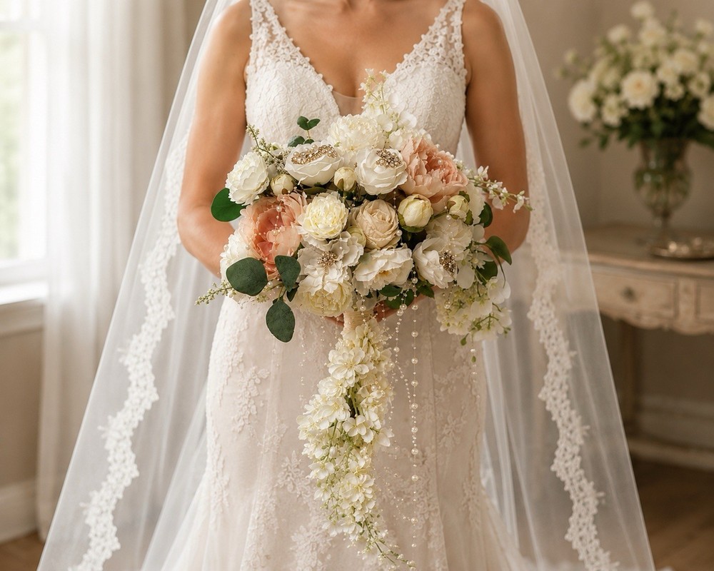 Cascading Wedding Bouquet for Bride, Blush Ivory Silk Flower Pearl Crystal