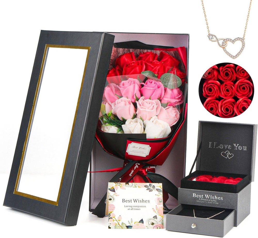 Preserved Red Rose Flowers with Love Necklace Gifts for Women Mom Birthday Prom