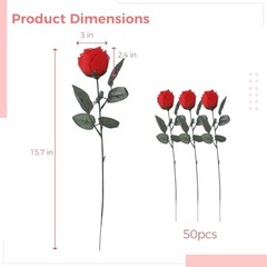50 PCS Artificial Red Roses, Fabric Faux Rose Bulk with Cloth Leaves and