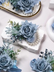 Dusty Blue Rose Wrist Corsage for Women, Set of 6, Wedding Bridal Corsage Han…