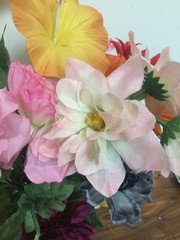 vtg SILK FLOWER mix orange pink mums petunia +ARRANGEMENT Macao ENB 60’s to 80’s