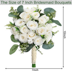 Set of 6 Ivory White Artificial Rose Eucalyptus Bouquets for Weddings