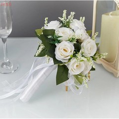Bridal Wedding Bouquet White Silk Roses Artificial Flowers For Bridesmaid Gift