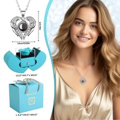 Preserved Rea Cyanl Rose with I Love You Necklace 100 Languages, middle, Cyan