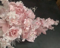 Vintage Silk Wedding Bouquet, Pink, 18″ Satin Leaves, Roses, Stephanotis, Pearls