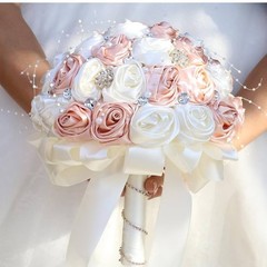 Mini Bridal Bouquet Handmade Satin Rose Round Wedding Bouquet Throw Toss Flower