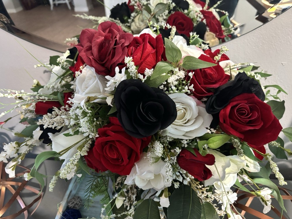 Red Black Roses cascade Bridal Bouquet High Quality Wedding Flowers 20”