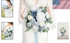 Elegant Dusty Blue Wedding Flowers Bouquet – Large 13″ Silk Roses, Perfect Bride