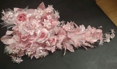 Vintage Silk Wedding Bouquet, Pink, 18″ Satin Leaves, Roses, Stephanotis, Pearls