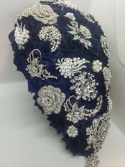 11” Rhinestone Brooch Bridal Bouquet Navy Blue Wedding Rose with Jewel Décor
