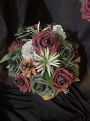 Burgundy And Emerald Green Hand tied Bouquet With Matching Boutonnière.