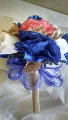 Royal blue and coral peach with burlap Bridal Bouquet Silk Wedding Flowers