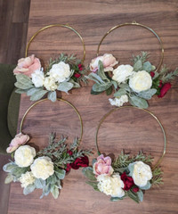 Centerpiece, Aisle, Wall Decor – Gold Floral Hoop Wreath Burgundy, Blush, Cream