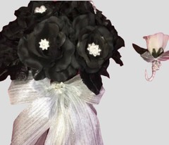 Brooch & Pearl Black Bouquet Bridal Flowers Metallic Silver Ribbon + Freebie NEW