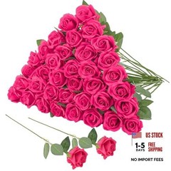 36 Pcs Artificial Roses with Long Stems – Fake Silk Rose Artificial Hot Pink