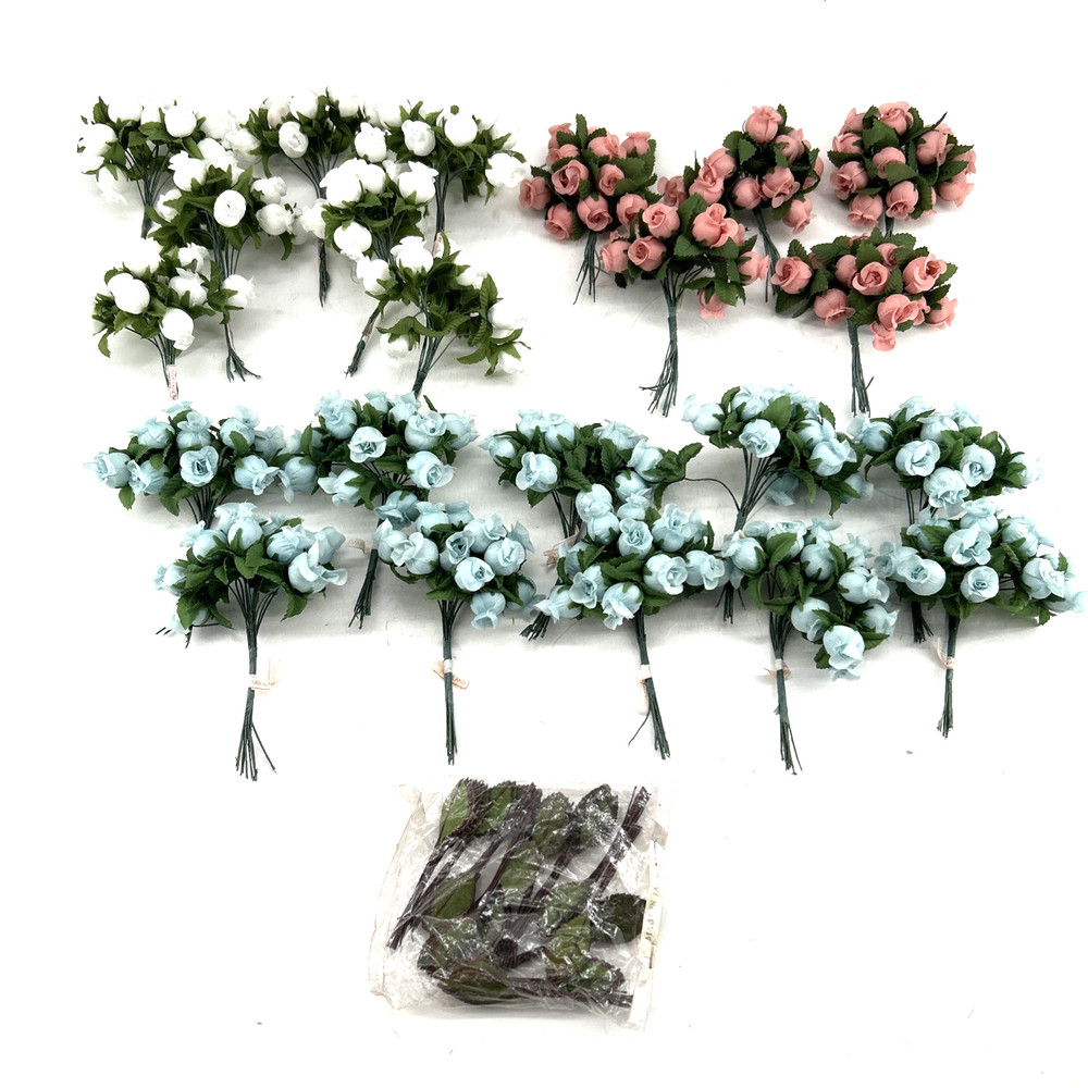 Polyester Rose Buds Flower 4″ Wire Stem Bouquet Wreath Craft White Pink Blue