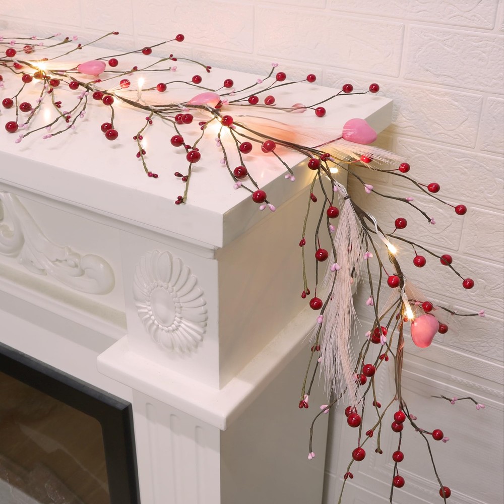 DR.DUDU Valentines Garland, 6 FT Lighted Garlands for Mantle with Red Pink