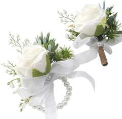 Versatile Ivory Rose Wrist Corsage and Boutonniere Set for Weddings & Festivals